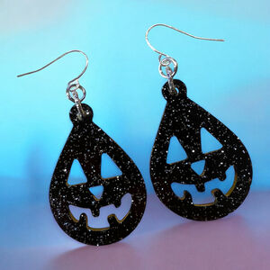 Black & Silver Glitter Jack o’Lantern Resin Earrings